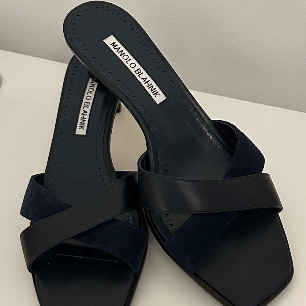 Rare Manolo Blahnik Navy Suede and Leather Kitten Heel Sandals